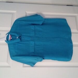 HER Women's Emperor Blue Silk Button Down Short Sleeve Shirt Medium